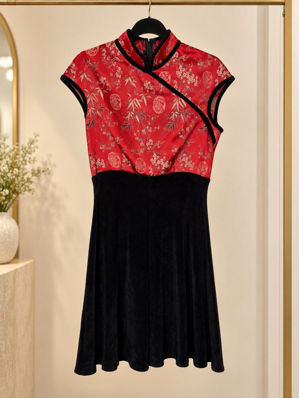 Vintage Tadashi Red Black Mandarin Collar Fit & Flare Dress Size 12 Cocktail